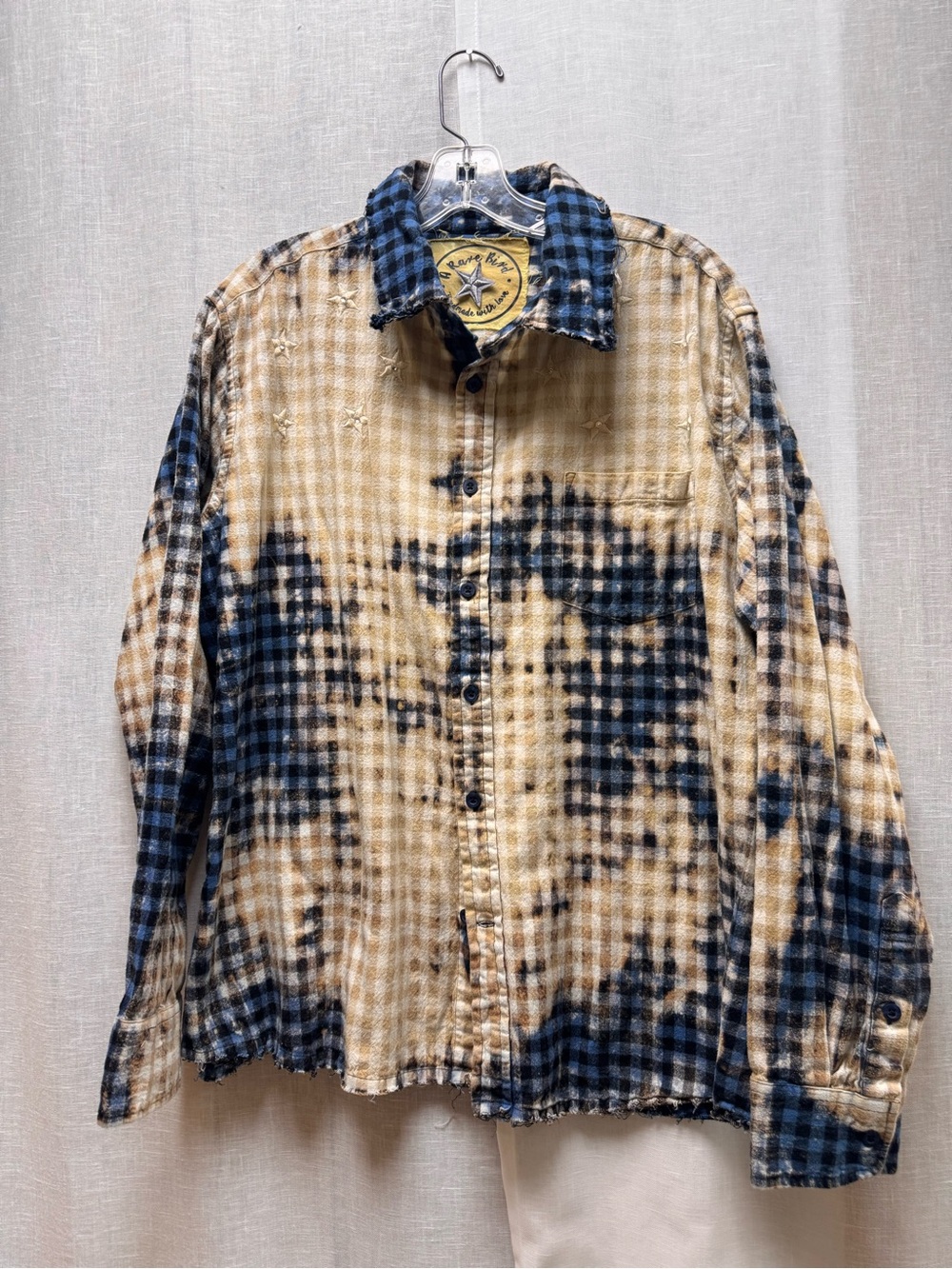 Distressed Plaid Button-Down Shirt in Blue & Tan
